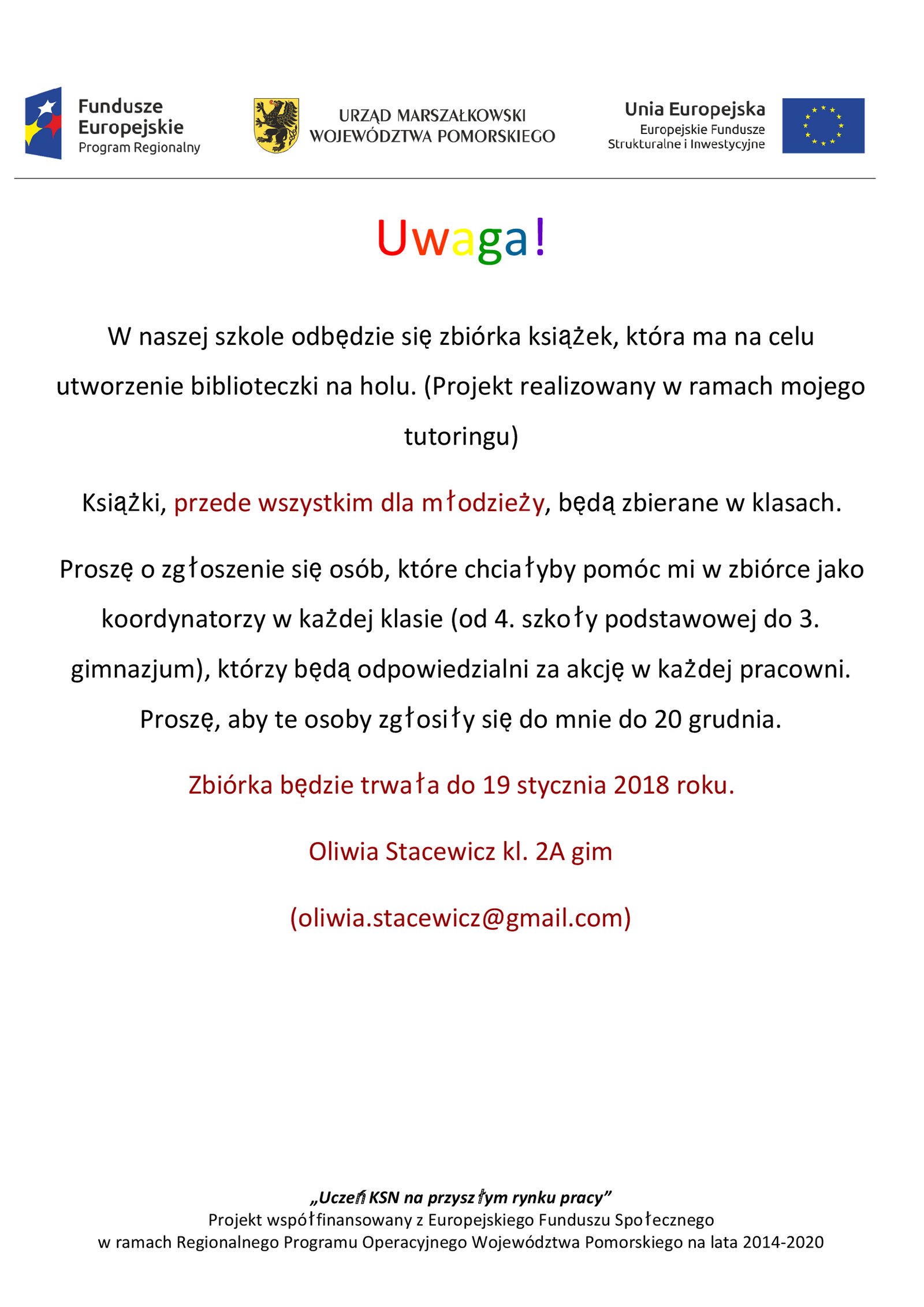 Zbiórka książek do biblioteczki na holu