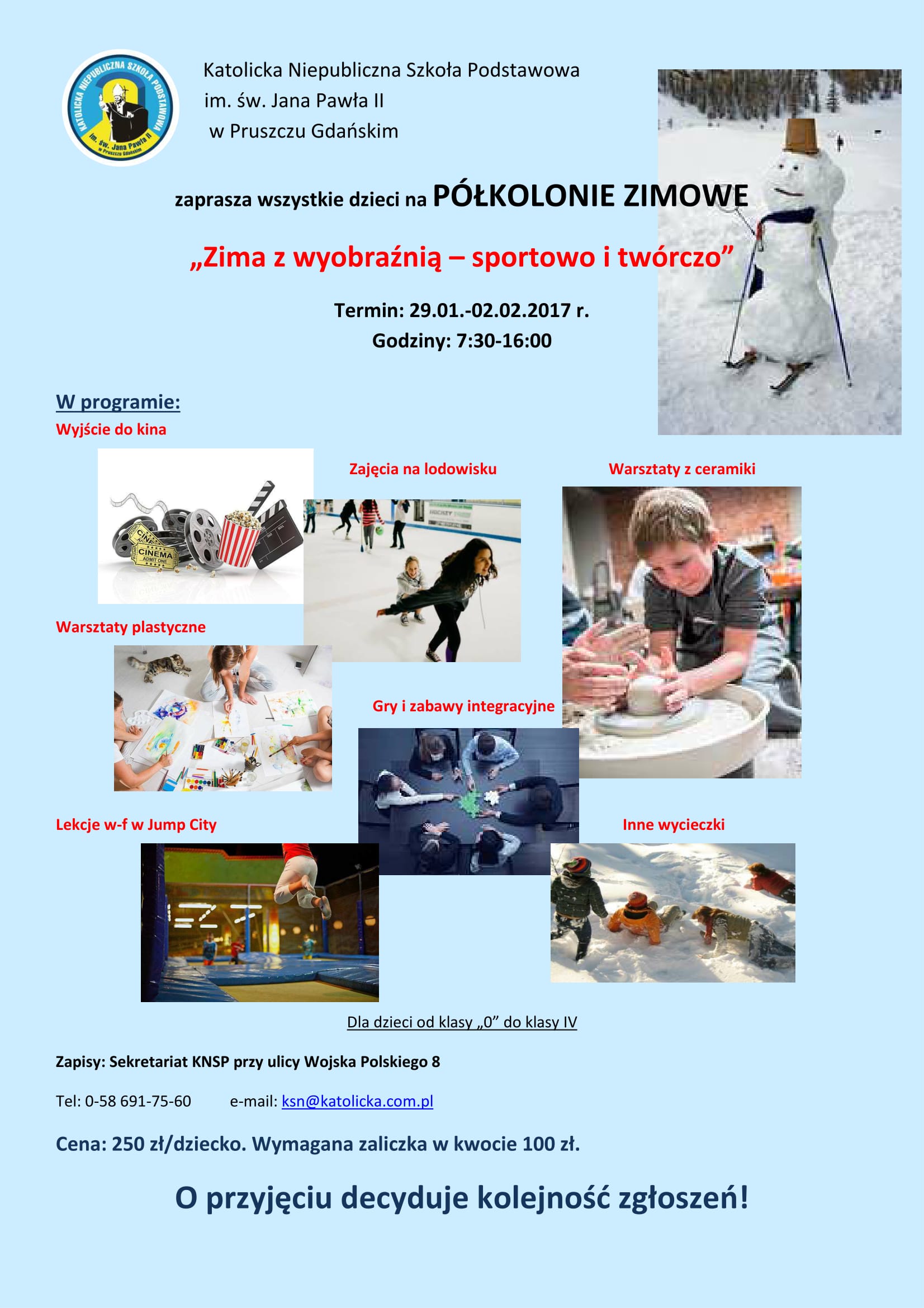 Zapraszamy dzieci na zimowisko w czasie ferii 29.01 - 02.02.2018